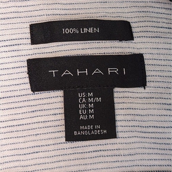 Tahari Linen Button Shirt Medium Pinstripe VNeck Rolltab Tunic White Blue Blouse - Picture 5 of 7